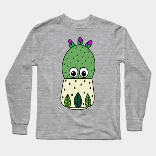 Cute Cactus Design #352: Prickly Pear Cactus In Leafy Pot Long Sleeve T-Shirt